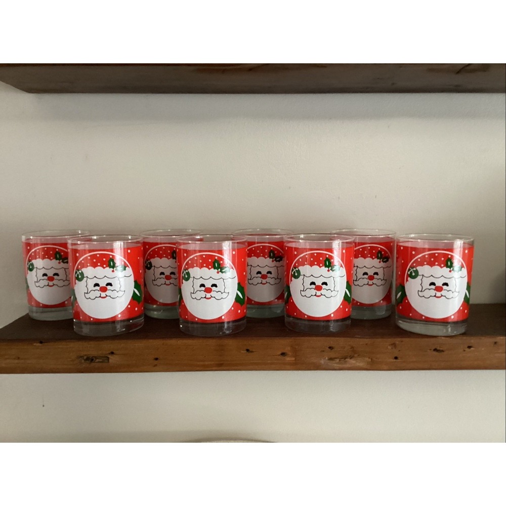 Vtg MCM Libbey Red Polka Dot Santa Face Tall Rocks Glasses Juice Set Of (8)